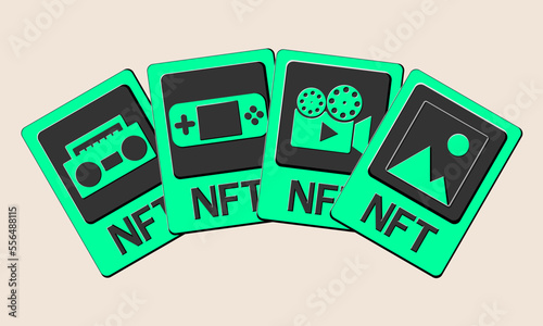 3D NFT token cards in cryptography. NFT cards with game, music, video and art. A non-fungible token with information from the blockchain. ERC20. vector