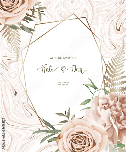 Abstract card with roses, peony and eucaluptys branch for wedding. Marble texture and golden details. Vector illustration. Vintage template