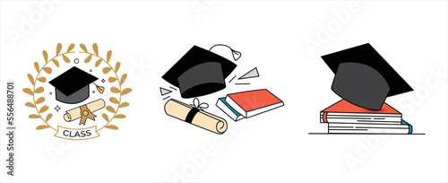a bundle of 3 graduation caps. Graduation cap icon. Graduation cap on transparent background. vector Academic cap linear and full pictogram. congratulation event, T-shirt, party, high school