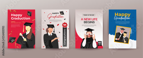 a bundle of 4 flyer Graduation cards. Invitation and congratulation banners. Greeting postcards with black caps and degree diplomas, realistic hat, confetti. Vector flyers set for graduate ceremony