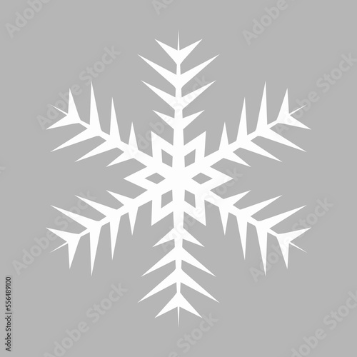 White vector snowflake icon. Simple geometric snow sign. Illustration on gray background. Winter snowflake silhouette. Christmas and New Year holidays theme graphic element. Stylish minimal design