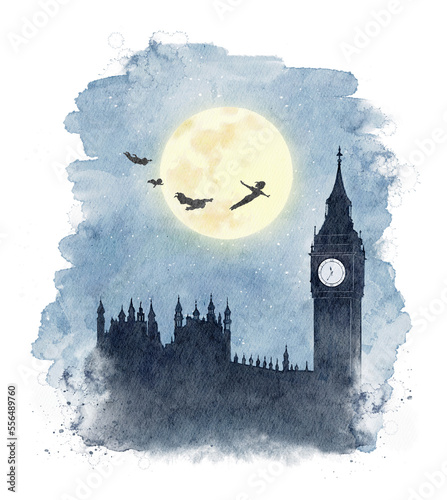 Fotografia Watercolor flying silhouettes of Peter Pan and children of London Tower Big Ben and Westminster palace in moon night  isolated on white background