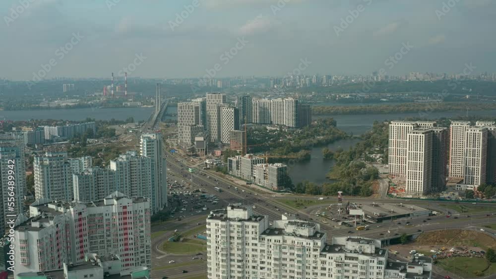 Panoramic view of the sleeping areas of Kyiv, junctions and streets. Drone video 4K. Panoramic view of the sleeping areas of Kyiv, junctions and streets. Drone video 4K.