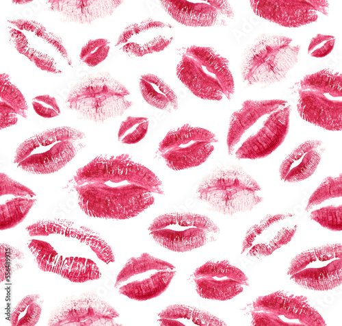 Romantic print with lips seamless pattern. Modern lips icons. Realistic lipstick print isolated on white. Trendy vector design for Valentines Day or wedding.