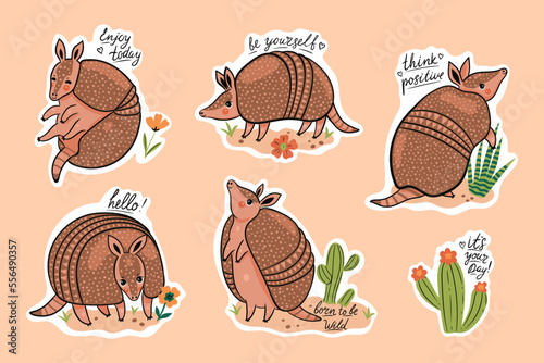 A set of stickers with cute armadillos and inscriptions. Vector graphics.
