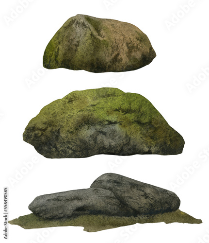 Set of moss-covered stones hand drawn in watercolor. Watercolor elements.