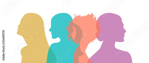 Sisterhood silhouette of women of different ethnicity and culture standing side by side together. Strong and courageous girls support each other in the feminist movement.