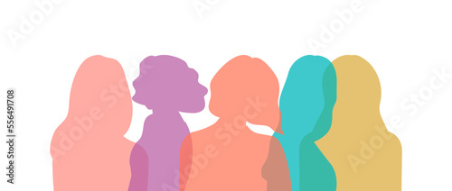 Sisterhood silhouette of women of different ethnicity and culture standing side by side together. Strong and courageous girls support each other in the feminist movement.