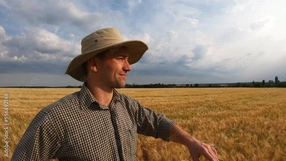 Male farmer standing on barley meadow and looking at cereal plantation. Young agronomist pointing with hand on his golden wheat field at overcast summer day. Agricultural business concept. Dolly shot Male farmer standing on barley meadow and looking at cereal plantation. Young agronomist pointing with hand on his golden wheat field at overcast summer day. Agricultural business concept. Dolly shot