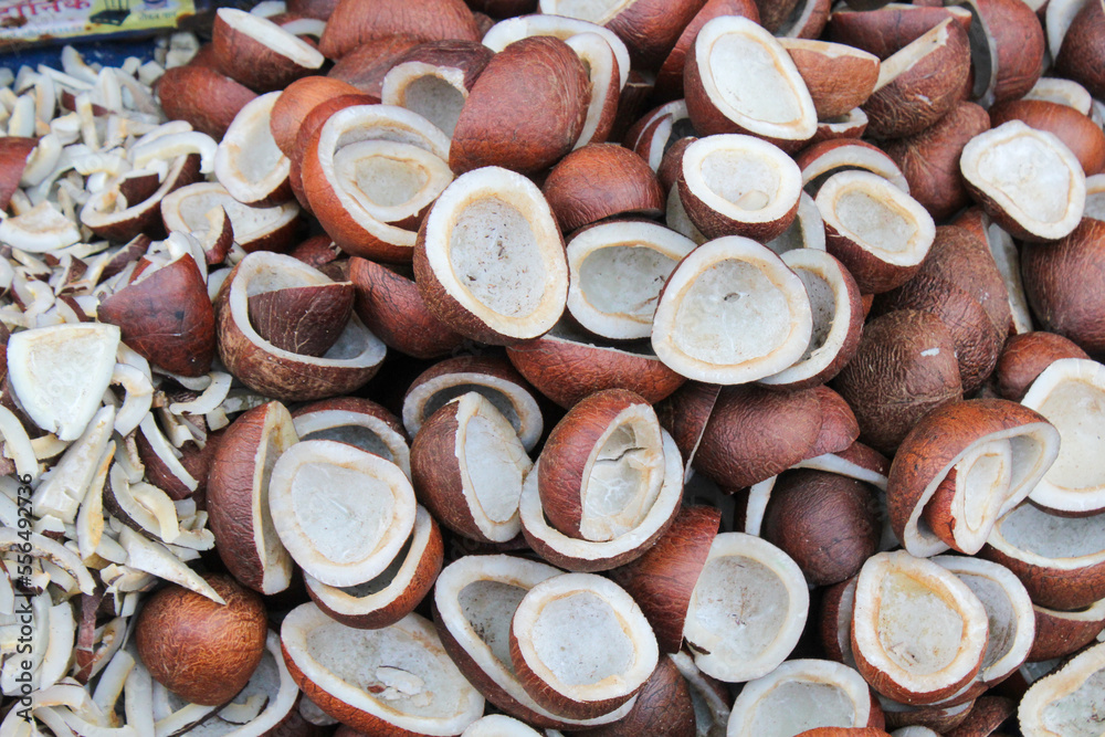 Sun dried Copra background is the dried meat, or dried kernel, of the