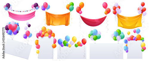 Helium balloons and banners isolated set. Multicolored decoration for holidays, store grand opening ceremony, birthday, wedding or party event on white background, Cartoon vector illustration