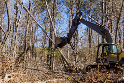 In construction site  skid steers were used to clear uprooted trees from land so that subdivision of housing could be built