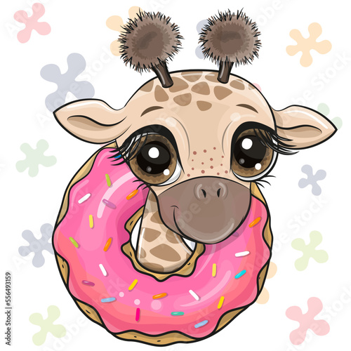 Cartoon Giraffe with a pink donut