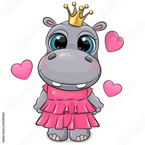 Cartoon Hippo Princess in a pink dress with hearts