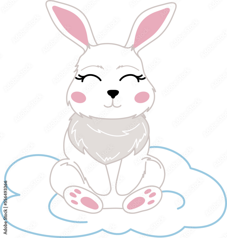 Vector children's illustration of a white rabbit in a flower wreath on a cloud. illustration isolated on a white background Vector children's illustration of a white rabbit in a flower wreath on a cloud. illustration isolated on a white background