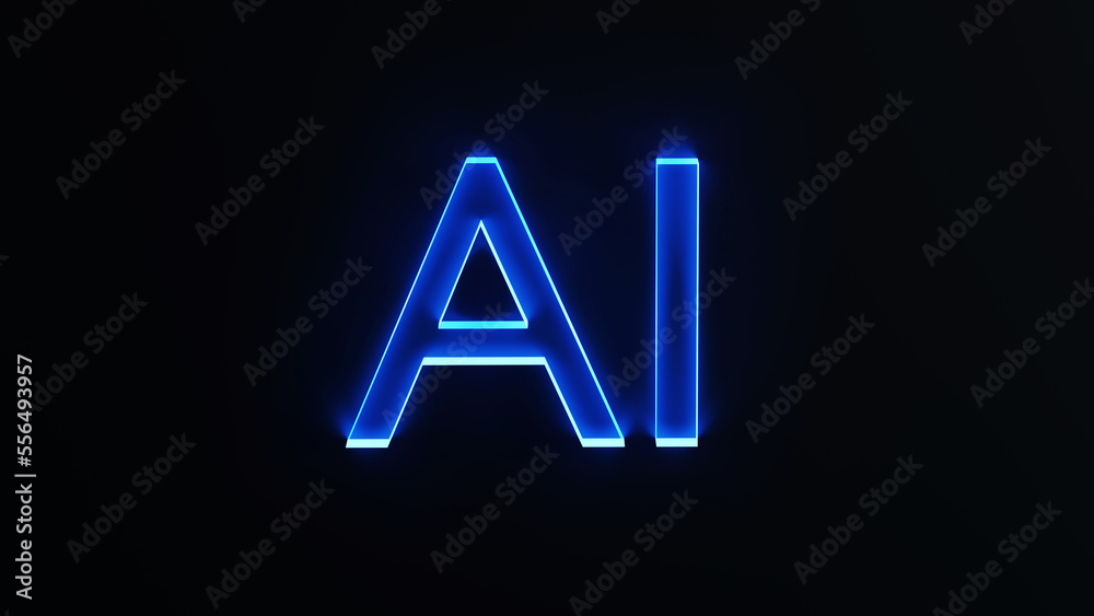 Artificial intelligence Glowing 3d Ai blue glass in black background. 3d rendering Artificial intelligence Glowing 3d Ai blue glass in black background. 3d rendering