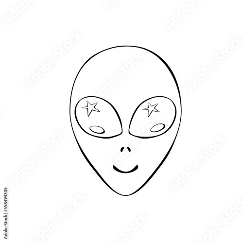 Vector outline alien head with big eyes in Doodle style. Simple illustration, clip art on theme of UFO, space, kids design. Black contour isolated on white background