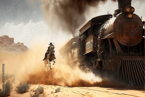 Fotografie, Obraz western illustration, train robbery