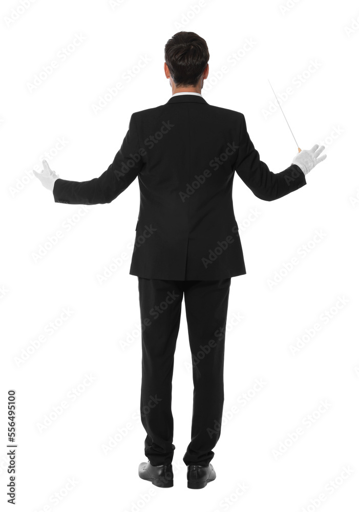 Professional conductor with baton on white background, back view Professional conductor with baton on white background, back view