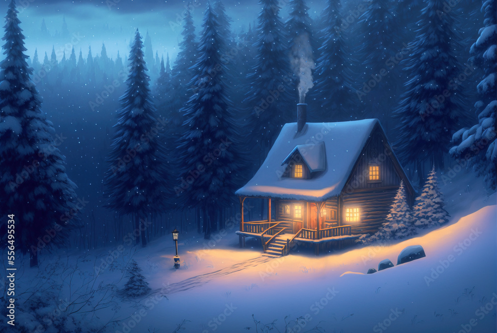 Wooden forest cabin against snow covered winter landscape. Generative AI illustration