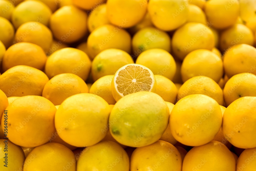 Lemons At Market. Colorful Display Of Lemons In A Market