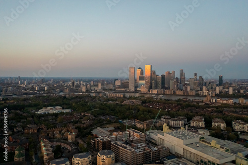 Elevated View of Canary Wharp and isle of Dog  London Skyline by sunset  London  UK