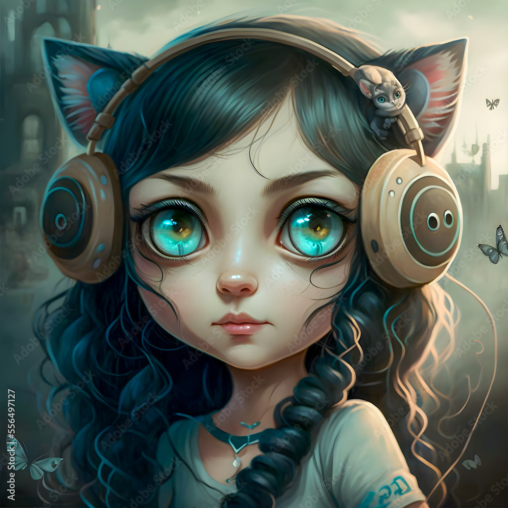 Cute Kawaii Anime girl wearing headphones with cat ears