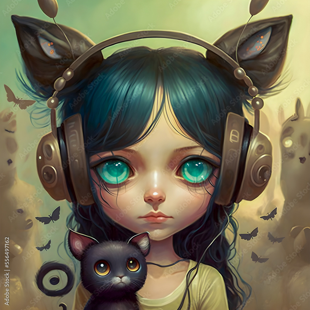 Cute Kawaii Anime brunette girl wearing headphones with cat ears ...