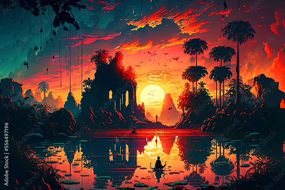 Beautiful Anime Sunset Scenery, amazon jungle. Generative AI