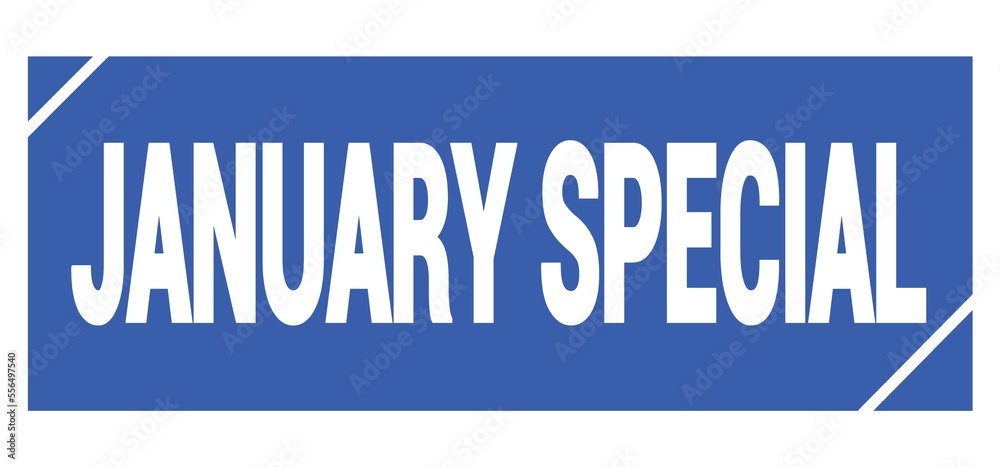JANUARY SPECIAL text written on blue stamp sign. JANUARY SPECIAL text written on blue stamp sign.