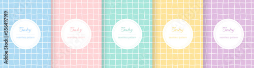 Cute baby seamless pattern. Repeating kid pattern. Girls and boys prints design. Repeated wallpaper. Pastel line. Repeat child background. Soft blue, pink, yellow, green color. Vector illustration