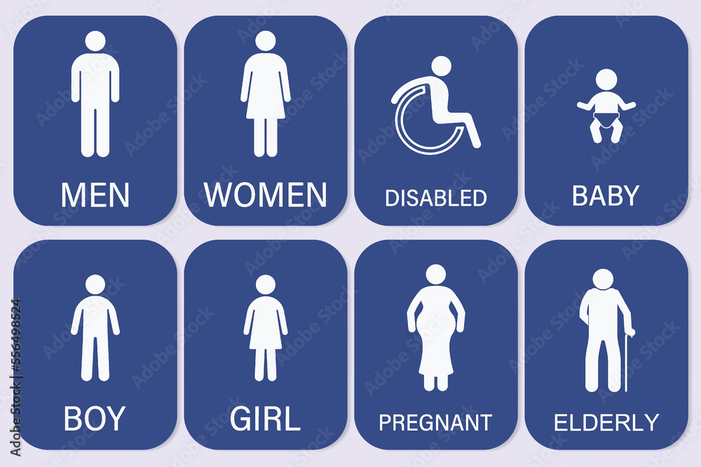 Men, Women, Disabled, Baby, Boy, Girl, Pregnant and Elderly sign. Restroom icon. WC sign vector. Men, Women, Disabled, Baby, Boy, Girl, Pregnant and Elderly sign. Restroom icon. WC sign vector.