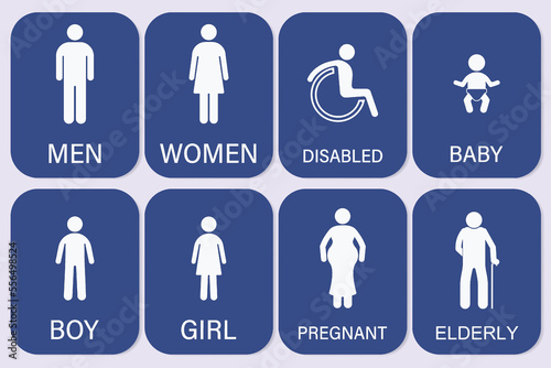 Men, Women, Disabled, Baby, Boy, Girl, Pregnant and Elderly sign. Restroom icon. WC sign vector.