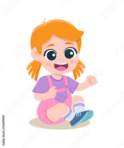 Sitting child kid. Cute smiling girl sitting on the floar. A girl with bright hear and black eyes