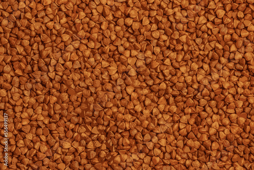 Realistic illustration of buckwheat groats texture background. Organic raw dry buckwheat grains background