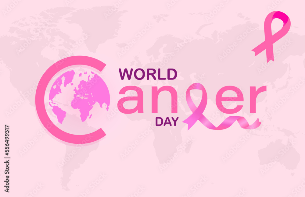 Gradient world cancer day horizontal banner background with world map and ribbon