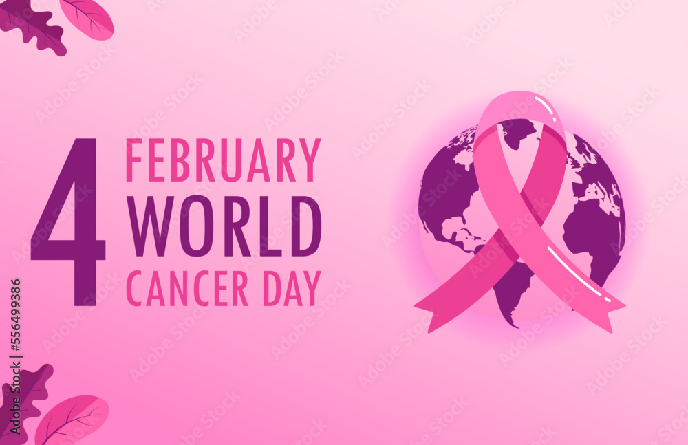 Gradient world cancer day horizontal banner background with world map and ribbon