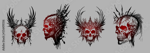 Psychecdelic Skull face, front view and side view. Ink black and red drawing. Vector illustration