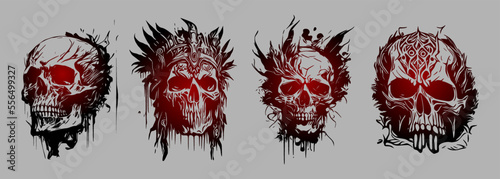 Psychecdelic Skull face, front view and side view. Ink black and red drawing. Vector illustration