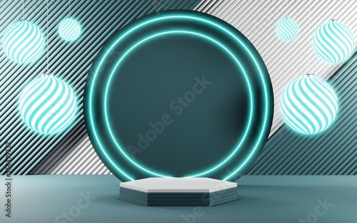 3D render of Podium background in blue tones for displaying cream products. cosmetics