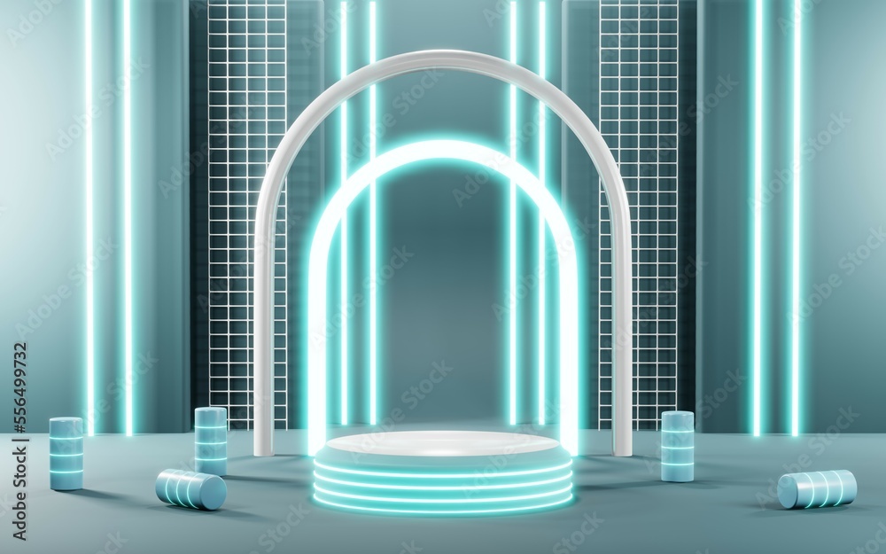 3D render of Podium background in blue tones for displaying cream products. cosmetics