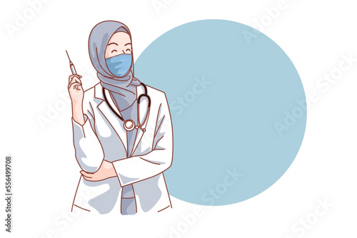 Muslim Doctors Medical personnel in white coats wearing masks on a white background Health service. Flat vector illustration.