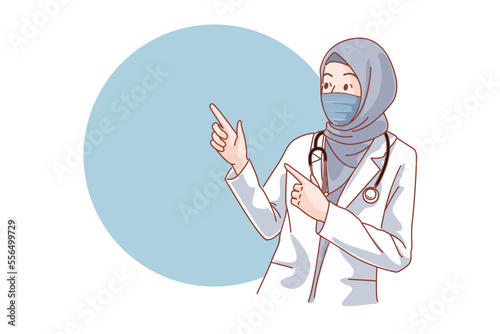 Muslim Doctors Medical personnel in white coats wearing masks on a white background Health service. Flat vector illustration.