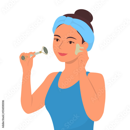 guashaSmiling woman do face roller massage and guasha scraper. Vector illustration.