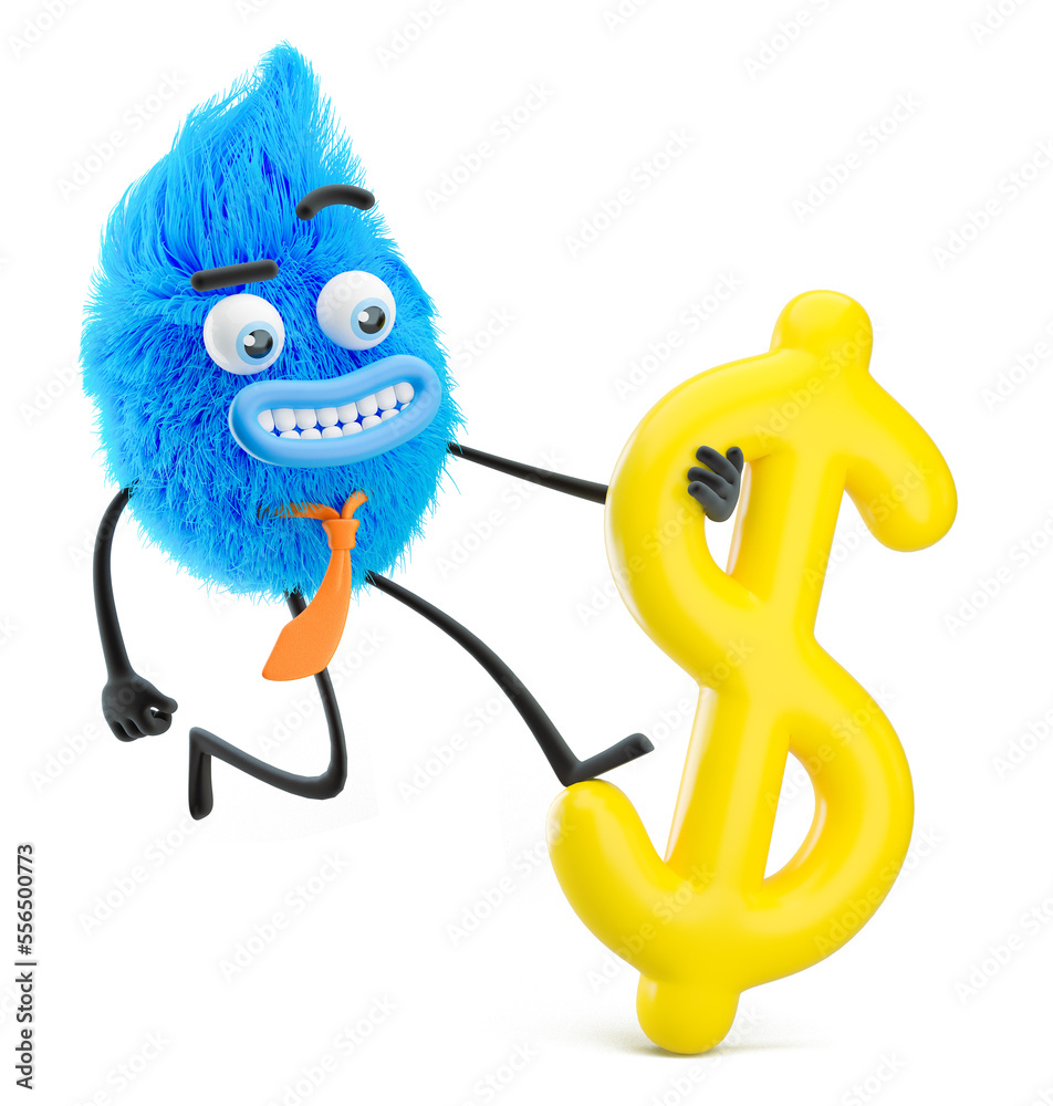 Obraz premium Fluffy businessman with dollar sign. 3d illustration. Cartoon character.