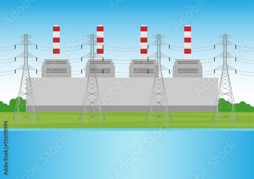 Power station. Power Plant. Electric Power Transmission. Electric pylons. High voltage pole. Power transmission tower Vector Illustration.