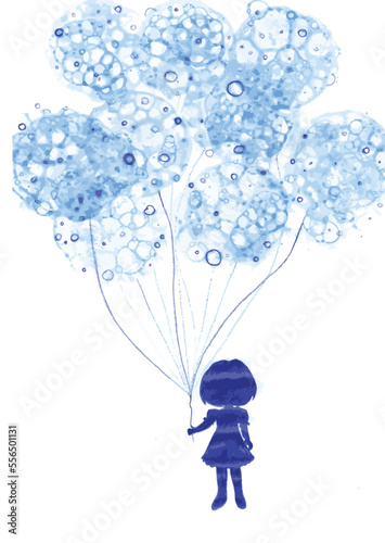 child with balloons hand drawn vector traced illustration, wallpaper and background