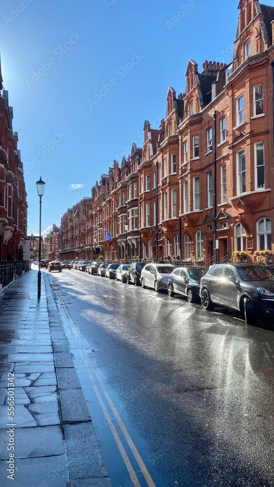 Sunny blue sky Chelsea red brick buildings street after the rain 