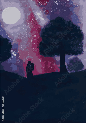 couple in the pink night vector traced illustration, wallpaper and background
