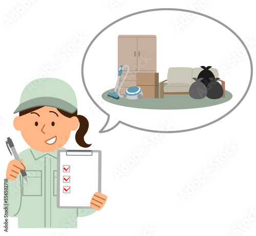 家具などの不用品とチェックリストを持った作業員の女性1